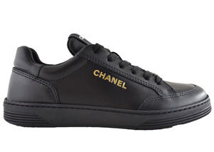 Chanel 23A Black Calfskin Leather Gold CC Logo Flat Runner Trainer Sneaker 37